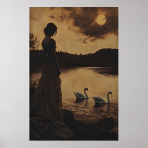 Swan Lake Victorian Lady Silhouette Moonlit Poster