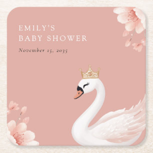 Swan Little Princess Baby Shower Square Paper Coaster