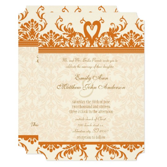 Swan Love Bird Coral & Ivory Damask Wedding Invite