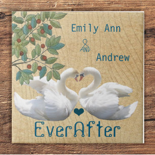 Swan Love Birds Wood Grain Ever After Anniversary Tile