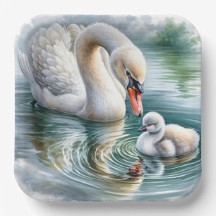 Swan Mother With Cygnet Paper Plate