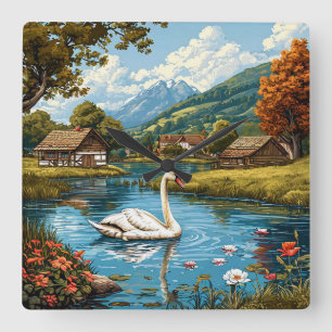 Swan on the lake square wall clock