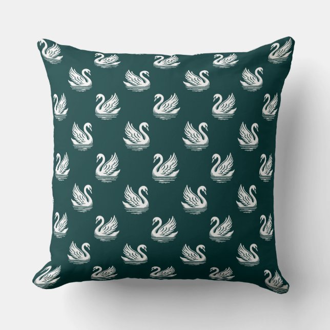Swan Pattern 02 - White on Dark Green Throw Pillow (Front)