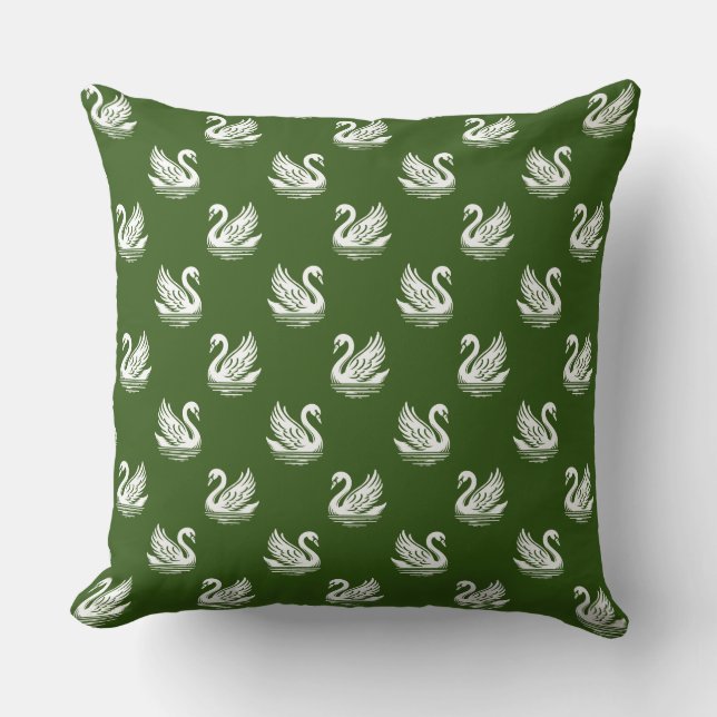 Swan Pattern 02 - White on Forest Green Throw Pillow (Front)