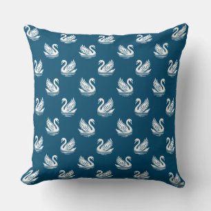 Swan Pattern 02 - White on Ocean Blue Throw Pillow