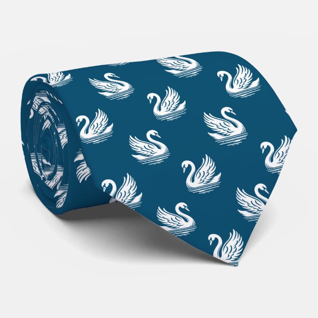 Swan Pattern 02 - White on Ocean Blue Tie (Rolled)