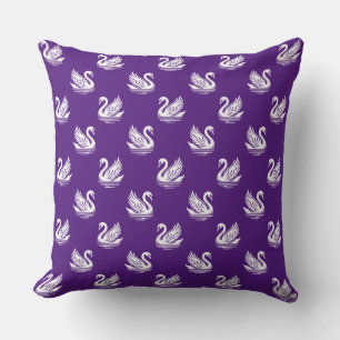 Swan Pattern 02 - White on Royal Purple Throw Pillow