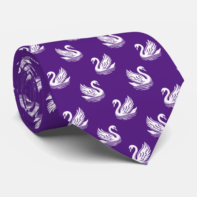 Swan Pattern 02 - White on Royal Purple Tie (Rolled)