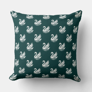 Swan Pattern - White on Dark Green Throw Pillow