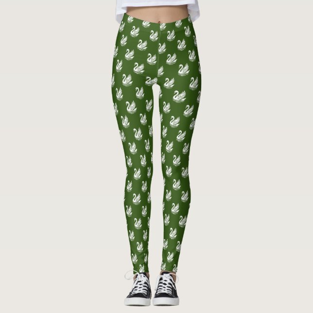 Swan Pattern - White on Forest Green Leggings (Front)
