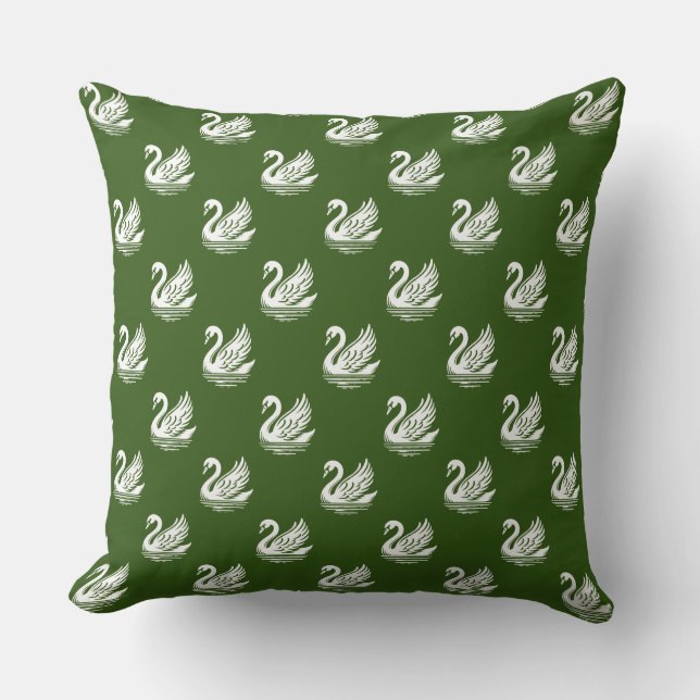 Swan Pattern - White on Forest Green Throw Pillow (Front)