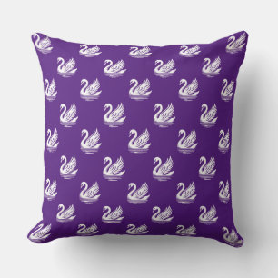 Swan Pattern - White on Royal Purple Throw Pillow