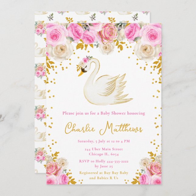 Swan Pink and Gold Roses Baby Shower Invitation (Front/Back)