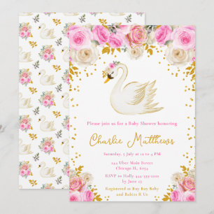 Swan Pink and Gold Roses Baby Shower Invitation