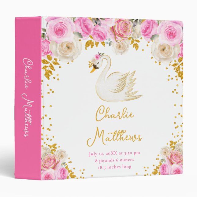 Swan Pink and Gold Roses Birth Statistics Binder (Front/Spine)