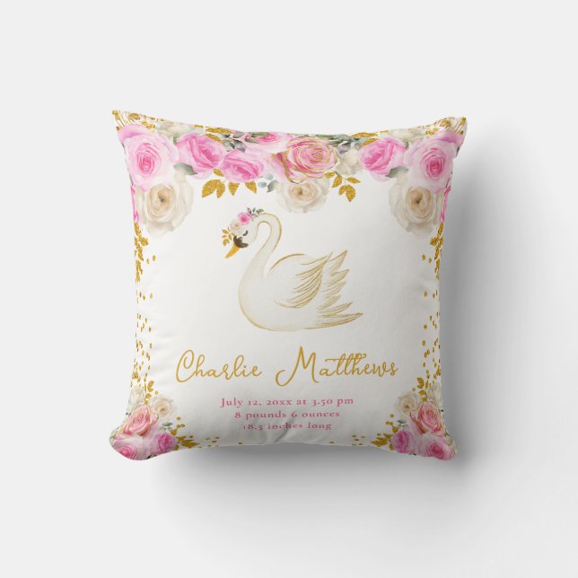 Swan Pink and Gold Roses Birth Statistics Throw Pillow (Front)