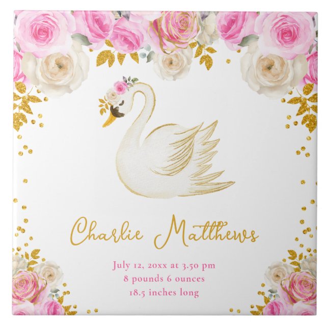 Swan Pink and Gold Roses Birth Statistics Tile (Front)