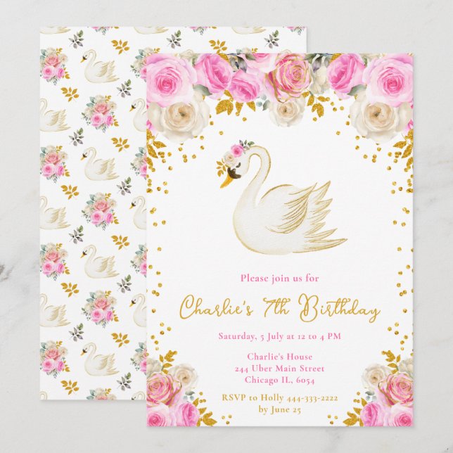 Swan Pink and Gold Roses Birthday Party Invitation (Front/Back)