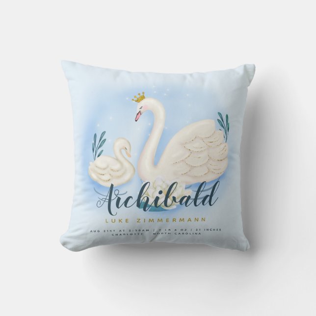 Swan Pond Gold Baby Blue Personalized Birth Throw Pillow (Front)