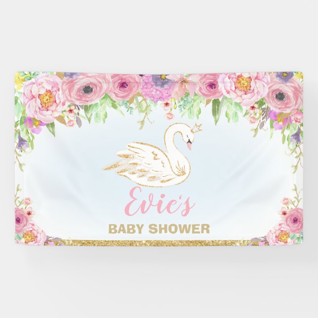 Swan Princess Baby Shower Floral Backdrop Decor Banner (Horizontal)
