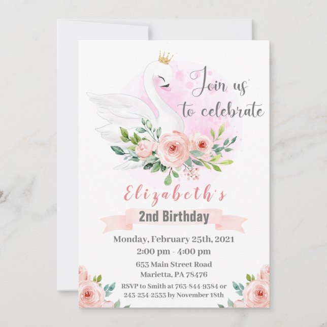 Swan Princess Birthday Party Invitation (Front)