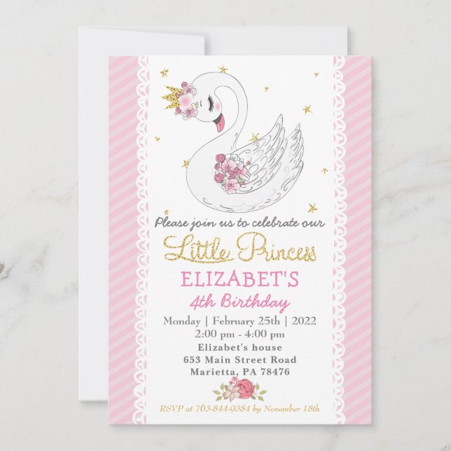 Swan Princess Birthday Party Invitation (Front)