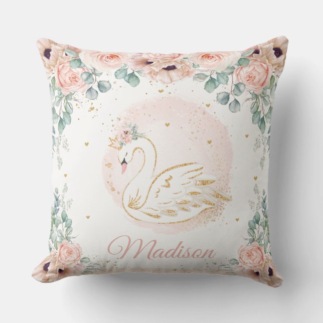 Swan Princess Blush Pink Poppy Floral Greenery Throw Pillow (Front)