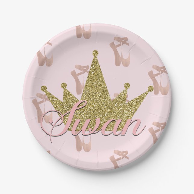 Swan Princess Gold Glitter Crown Glam Paper Plate (Front)