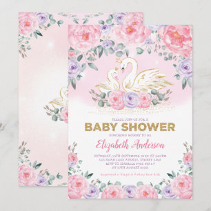 Swan Princess Lavender Pink Peonies Baby Shower Invitation