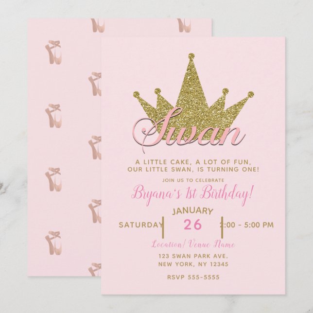 Swan Princess Pink & Gold Glitter Crown Birthday Invitation (Front/Back)