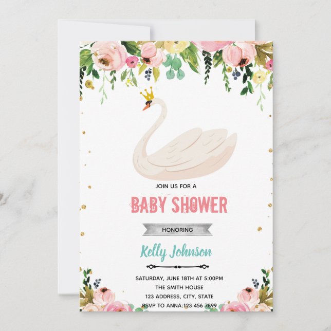 Swan princess shower birthday invitation (Front)