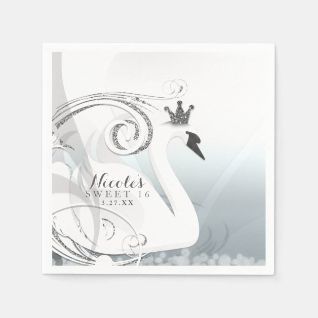 Swan Princess Silver & White Elegant Custom Party Napkin (Front)