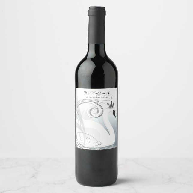 Swan Princess Silver & White Elegant Custom Wine Label (Front)
