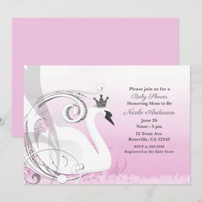 Swan Princess Silver White Pink Baby Shower Invitation (Front/Back)