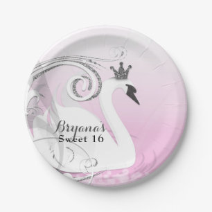 Swan Princess Silver White Pink Baby Shower Paper Plate
