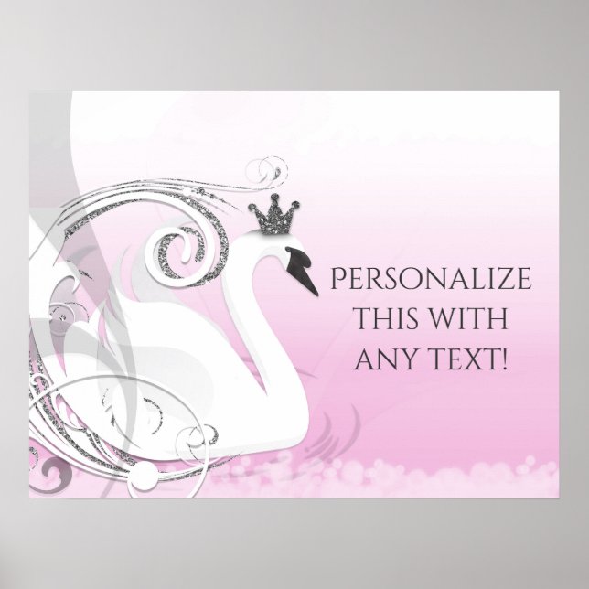 Swan Princess Silver White Pink Baby Shower Party Poster (Front)
