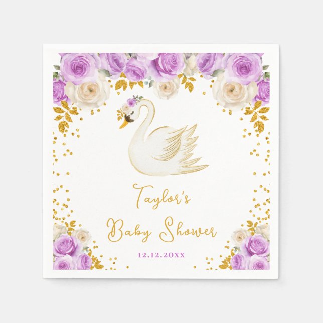 Swan Purple and Gold Roses Baby Shower Napkin (Front)