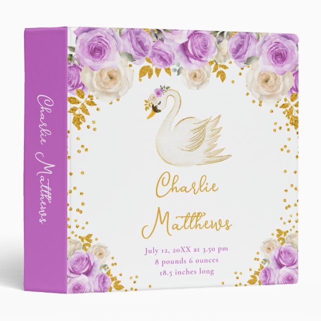 Swan Purple and Gold Roses Birth Statistics Binder (Front/Spine)