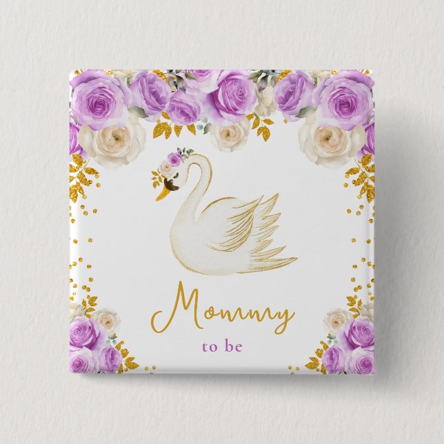 Swan Purple and Gold Roses Mommy To Be 2 Inch Square Button (Front)