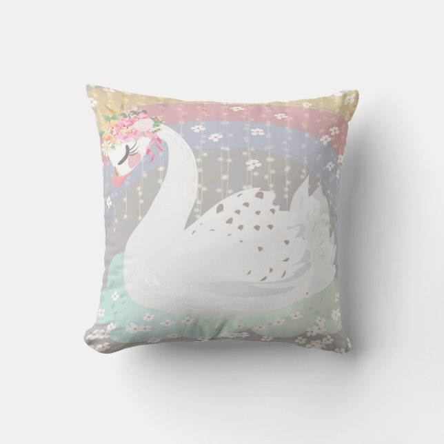 Swan Rainbow Boho Floral Baby Girl Nursery Pillow (Front)