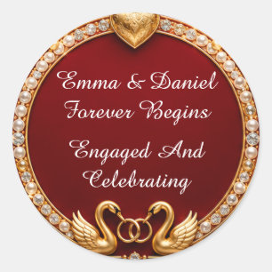 💍 Swan Red Gold Wedding Theme 🌹 Classic Round Sticker