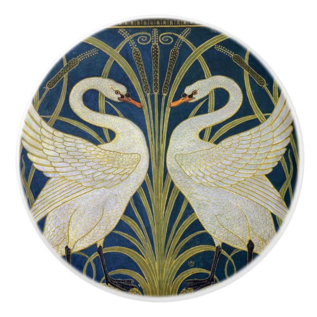Swan, Rush and Iris by Walter Crane Ceramic Knob (Front)