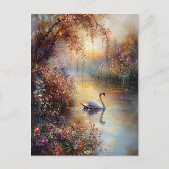 Swan Rustic Impressionist Painting Postcard (Front)