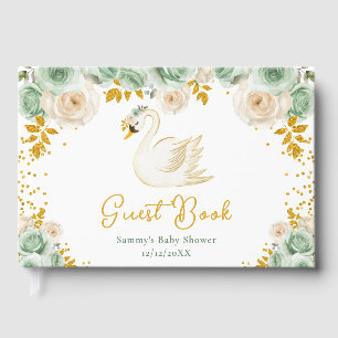 Swan Sage Green and Gold Roses Baby Shower Guest Book
