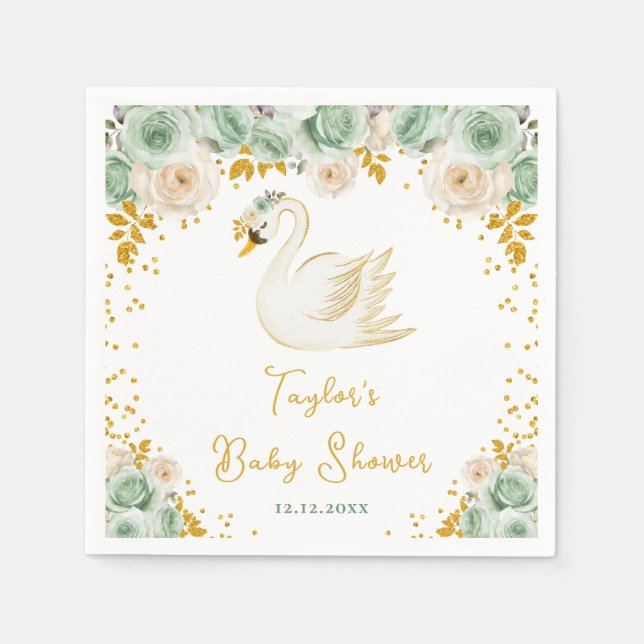 Swan Sage Green and Gold Roses Baby Shower Napkin (Front)