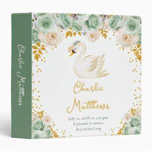 Swan Sage Green and Gold Roses Birth Statistics Binder