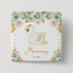 Swan Sage Green and Gold Roses Mommy To Be 2 Inch Square Button