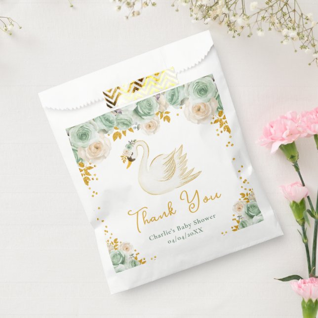 Swan Sage Green Gold Roses Baby Shower Thank You Favour Bag (Sealed)