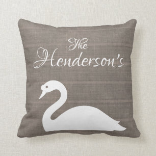 Swan Silhouette Faux Burlap Monogram Throw Pillow
