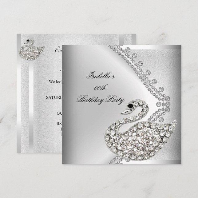 Swan Silver White Elegant Birthday Party Invitation (Front/Back)